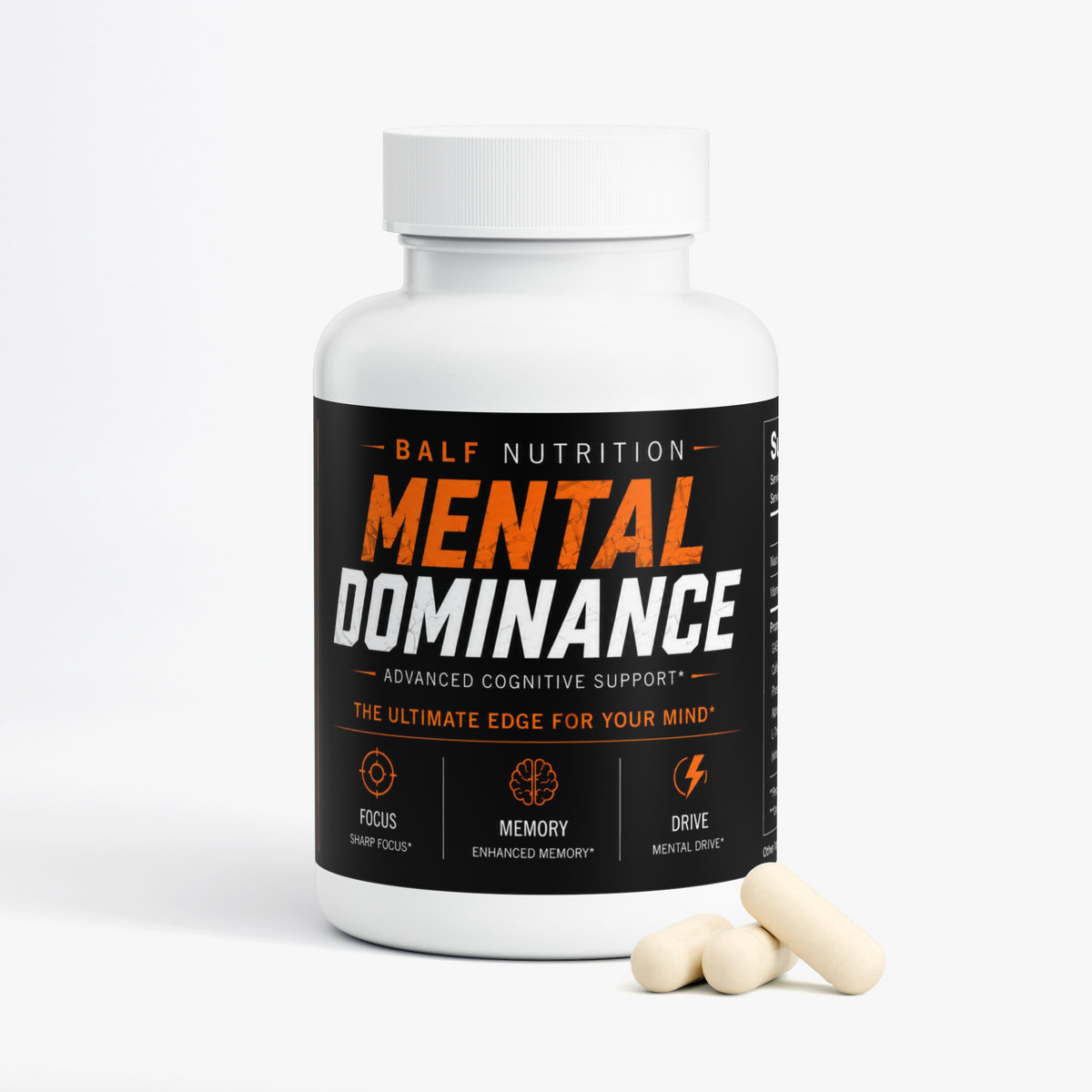 Mental Dominance focus supplement bottle – product view 2